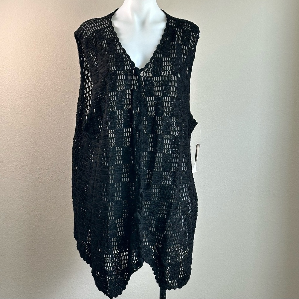 NWT Vintage Fruit Phool Black Crochet Knit Vest Large Boho Festival Sleeveless - Picture 3 of 6